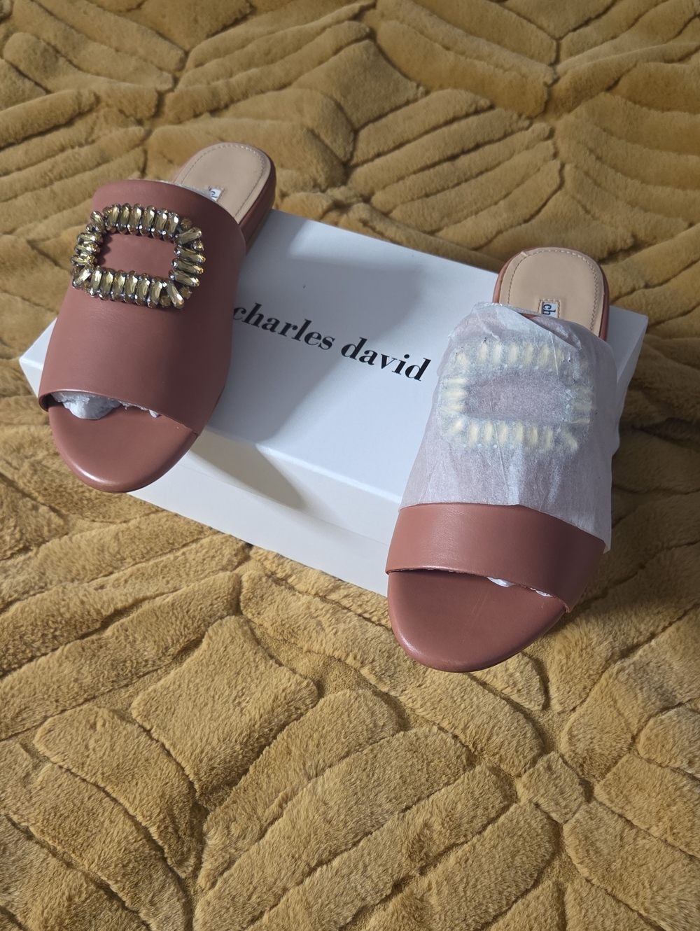 Charles David Dusty Rose Slide Mules with Gold Buckle Accent